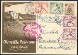 1936 Hindenburg Olympiafahrt Levelezőlap Olimpia Bélyegekkel és Alkalmi Bélyegzéssel / Olympiafahrt Postcard With Sports - Otros & Sin Clasificación