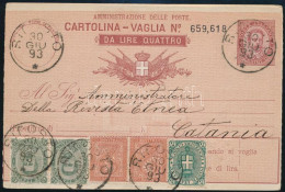 1893 Díjjegyes Pénzutalvány 5 Bélyeges Kiegészítéssel / PS-money Order With 5 Stamps "RIPOSTO" - "CATANIA" - Altri & Non Classificati