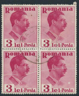 O 1935 II. Károly 3Lei Négyestömb Papírránccal / Paper Crease - Autres & Non Classés