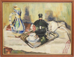 Felekiné Gáspár Anni (1902-1992): Csendélet Unicum üveggel, 1947. Olaj, Falemez, Jelezve Balra Lent. 45x60 Cm Fakeretben - Andere & Zonder Classificatie