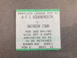 Bournemouth V Swindon Town 1987-88 Match Ticket - Tickets & Toegangskaarten