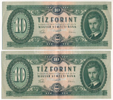 1957. 10Ft (2x) Sorszámkövetők "A 676 051197 - A 676 051198" T:F Szép Papír / Hungary 1957. 10 Forint (2x) Consecutive S - Non Classificati