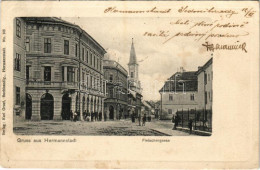 T3 1905 Nagyszeben, Hermannstadt, Sibiu; Fleischergasse / Hentes Utca, Templom. Karl Graef Kiadása / Street View, Church - Ohne Zuordnung