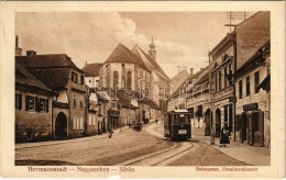 T3 1915 Nagyszeben, Hermannstadt, Sibiu; Bahngasse, Ursulinenkloster / Vasút Utca, Villamos, A Fenig üzlete, Emanuel N.  - Unclassified