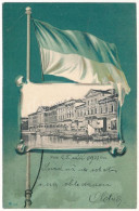 T2 1903 Pola, Pula; Riva, Caffe Miramar / Port, Cafe Shop. Dep. M. Clapis Art Nouveau Litho Flag - Non Classificati