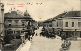 T2 1907 Újvidék, Novi Sad; Duna Utca, Ivkovits Milan, Dietzgem Söhne üzlete, Vonuló Katonák / Street, Shops, Marching So - Unclassified