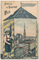 T3 1907 Wien, Vienna, Bécs; Gruss Aus Der Kaiserstadt / Montage With Boy And Umbrella (fl) - Ohne Zuordnung