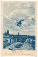 T4 1899 (Vorläufer) Wien, Vienna, Bécs; Gruss Aus / Montage With Lady On A Bicycle In The Air At Night (cut) - Ohne Zuordnung