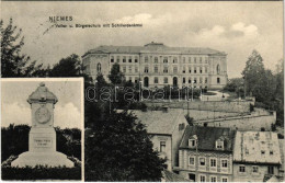 T2 1906 Mimon, Niemes; Volks- Und Bürgerschule Mit Friedrich Schillerdenkmal / School And Monument - Unclassified