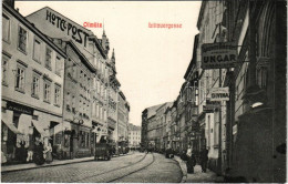 ** T3 Olomouc, Olmütz; Littauergasse, A. Auerbach, Hotel Zur Post, Vaclav Divina, Johann Ungar / Street, Shops, Hotel (R - Unclassified
