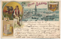 T3 1903 Opava, Troppau; Schlesien, Cacao Suchard / General View, Cacao Advertisment, Folklore, Coat Of Arms. Art Nouveau - Ohne Zuordnung