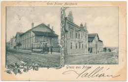 T2/T3 1900 Plzen, Pilsen; Erste Pilsner Malzfabrik / Malt Factory, Brewery, Tram. Art Nouveau, Floral (EK) - Ohne Zuordnung