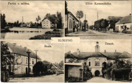 T2/T3 1932 Sloupno, Slaupno; Ulice Komenského, Skola, Zámek, Partie U Mlyna. Nakl Karel Pus / Street View, Shops, School - Unclassified