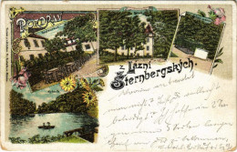 * T3 1899 (Vorläufer) Sternberk, Sternberg (Ledce); Lázne, Zámek, Restaurace, Rybník / Spa, Bath, Restaurant, Castle, La - Ohne Zuordnung