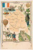 ** T2/T3 Frankreich / France Map, Soldier, Ship, Air Balloon, Grape Vine, Arc De Triomphe. Art Nouveau, Litho - Ohne Zuordnung