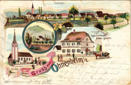T3 1902 Ohnenheim, Kirche, Wirtschaf Zu Den Zwei Schüsseln (Andrée Schmitt), Ohnenheimer Mühle / General View, Church, M - Ohne Zuordnung