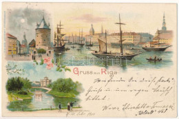 T2 1900 Riga, Dunaquai, Pulverthurm, Stadtcanal / Danube Quay, Tower, Canal. Carl Schulz Art Nouveau, Floral, Litho - Non Classés