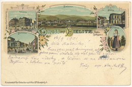 * T3/T4 1901 Bielsko-Biala, Bielitz; Töpferplatz, Bleichstrasse, Volkstracht, Stadtberg / Square, Street, Folklore. Kuns - Zonder Classificatie