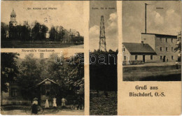 T2/T3 1914 Biskupice, Bischdorf (Oberschlesien); Ev. Kirche Und Pfarrei, Turm, Mühle, Nowak's Gasthaus / Lutheran Church - Zonder Classificatie