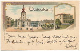 T2/T3 1898 (Vorläufer) Wadowice, Rynek, Gimnazium / Square, Church, School. Fr. Foltin Art Nouveau, Litho (fl) - Non Classificati