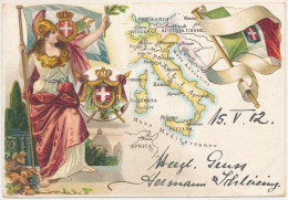 T2/T3 1902 Italia / Italy. Art Nouveau Litho Map With Coat Of Arms And Flag (EK) - Unclassified