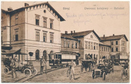 T2/T3 1915 Stryi, Stryj, Strij; Dworzec Kolejowy / Bahnhof / Railway Station, Montage With Tram, Automobiles And Bicycle - Unclassified