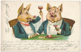 T2/T3 1900 Pig Gentlemen Drinking And Smoking. Litho (EB) - Non Classés