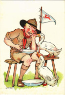 ** T2/T3 Cserkész Libákkal. Cserkész Művészlap.A Magyar Cserkészszövetség Kiadása / Hungarian Boy Scout Art Postcard S:  - Unclassified