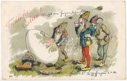 T3 1906 Fröhliche Ostern / Easter Greeting Art Postcard With Painted Egg And Dwarves, Litho (EB) - Unclassified