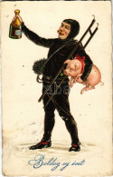 T2/T3 1929 Boldog Újévet / New Year Greeting Art Postcard, Chimney Sweeper With Champagne And Pig. Amag Nr. 2434. (fl) - Unclassified