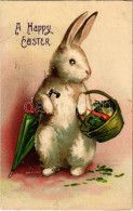 T2/T3 1909 "A Happy Easter" Easter Greeting Art Postcard, Rabbit With Umbrella. Emb. Litho (EK) - Non Classés