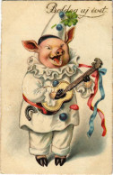 T2/T3 1927 Boldog Újévet! / New Year Greeting Art Postcard With Clown Pig (felületi Sérülés / Surface Damage) - Zonder Classificatie