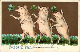 T2/T3 1901 Boldog Újévet! / New Year Greeting Art Postcard With Pigs Holding Clovers. Litho (EK) - Zonder Classificatie