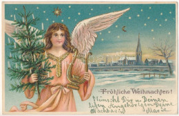 T4 1904 Fröhliche Weihnachten / Christmas Greeting Art Postcard With Angel. Emb. Litho (lyuk / Pinhole) - Sin Clasificación