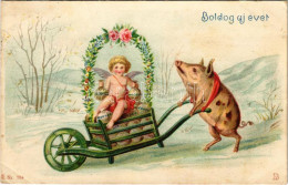 T2/T3 Boldog új évet! Malac Talicska / New Year Litho Greeting, Pig Wheelbarrow (EK) - Ohne Zuordnung
