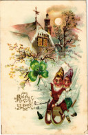 T2/T3 1904 Boldog új évet! Szánkózó Törpék / New Year Greeting, Dwarves Sledding, Winter Sport. Litho (fl) - Non Classificati