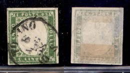 Antichi Stati Italiani - Sardegna - 1858 - 5 Cent (13Af - Verde Giallo Chiaro) Usato (350) - Other & Unclassified