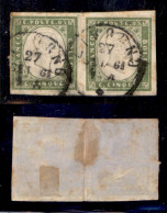 Antichi Stati Italiani - Sardegna - 1861 - 5 Cent (13Ca - Oliva Chiaro) - Coppia Usata A Livorno (500) - Other & Unclassified