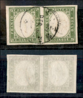 Antichi Stati Italiani - Sardegna - 1861 - 5 Cent (13Cc - Verde Oliva Giallastro) - Coppia Orizzontale Usata - Sonstige & Ohne Zuordnung