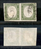 Antichi Stati Italiani - Sardegna - 1862 - 5 Cent (13Dc - Verde Olivastro) In Coppia - Usata A Termini Il 19.12.63 (550+ - Autres & Non Classés