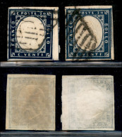 Antichi Stati Italiani - Sardegna - 1862 - 20 Cent (15E - Indaco) - Due Usati Con Annulli A Griglia - Andere & Zonder Classificatie