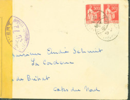 Guerre 40 YT Paix N°283 X2 CAD 14 3 1940 Censure Bande + Cachet EC72 = Blois - Oorlog 1939-45