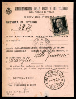 Regno - Vittorio Emanuele III - Ricevuta Di Ritorno Recante 50 Cent Volta (211) - Melegnano 1.2.28 -  Ex Coll. Provera - Autres & Non Classés