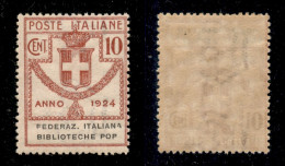 Regno - Parastatali - 1924 - 10 Cent Biblioteche Pop (34b) Senza Punto Dopo P - Gomma Integra (120) - Sonstige & Ohne Zuordnung