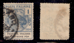 Regno - Parastatali - 1924 - 1 Lira Biblioteche Pop. (37b) Usato - Senza Punto Dopo Pop - Dentellatura Difettosa In Ango - Other & Unclassified