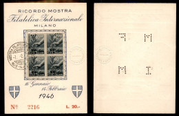 Regno - Documenti/Varie - 1946 - 20 Lire - Milano/Ricordo Mostra Filatelica Internazionale - Cartoncino Ricordo - Andere & Zonder Classificatie