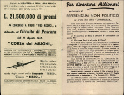 Regno - Volantini Lanciati Da Aereo - 1947 (15 Agosto) - Concorso A Premi "Pro Reduci" - Circuito Di Pescara - Volantino - Altri & Non Classificati