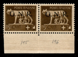 RSI - G.N.R. Brescia - 1943 - 5 Cent (470/I) - Coppia Bordo Foglio Con Filigrana Lettere 12/10 - Gomma Integra - Altri & Non Classificati