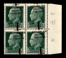 RSI - Provvisori - 1944 - Firenze - 25 Cent (491h) - Quartina Bordo Foglio (pos. 29/40) Con Soprastampe Oblique - Gomma  - Other & Unclassified