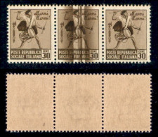 RSI - Definitivi - 1944 - 30 Cent (498) - Striscia Di 3 - Grande Taglio Chirurgico Verticale Sul Pezzo Centrale - Gomma  - Sonstige & Ohne Zuordnung
